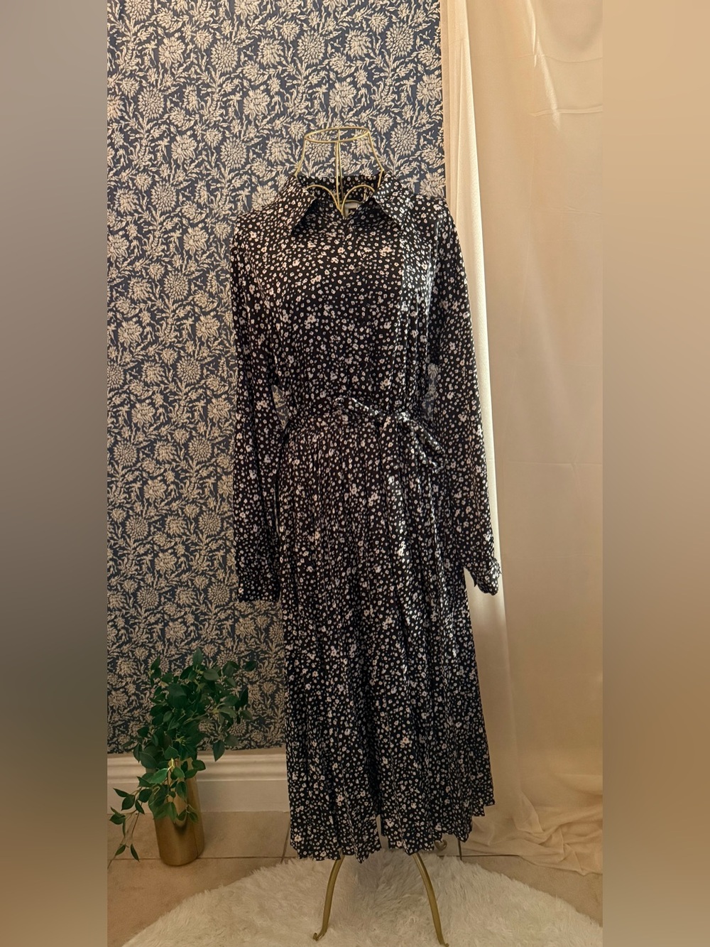 On 34th Black Floral Belted Midi Shirt Dress Size L